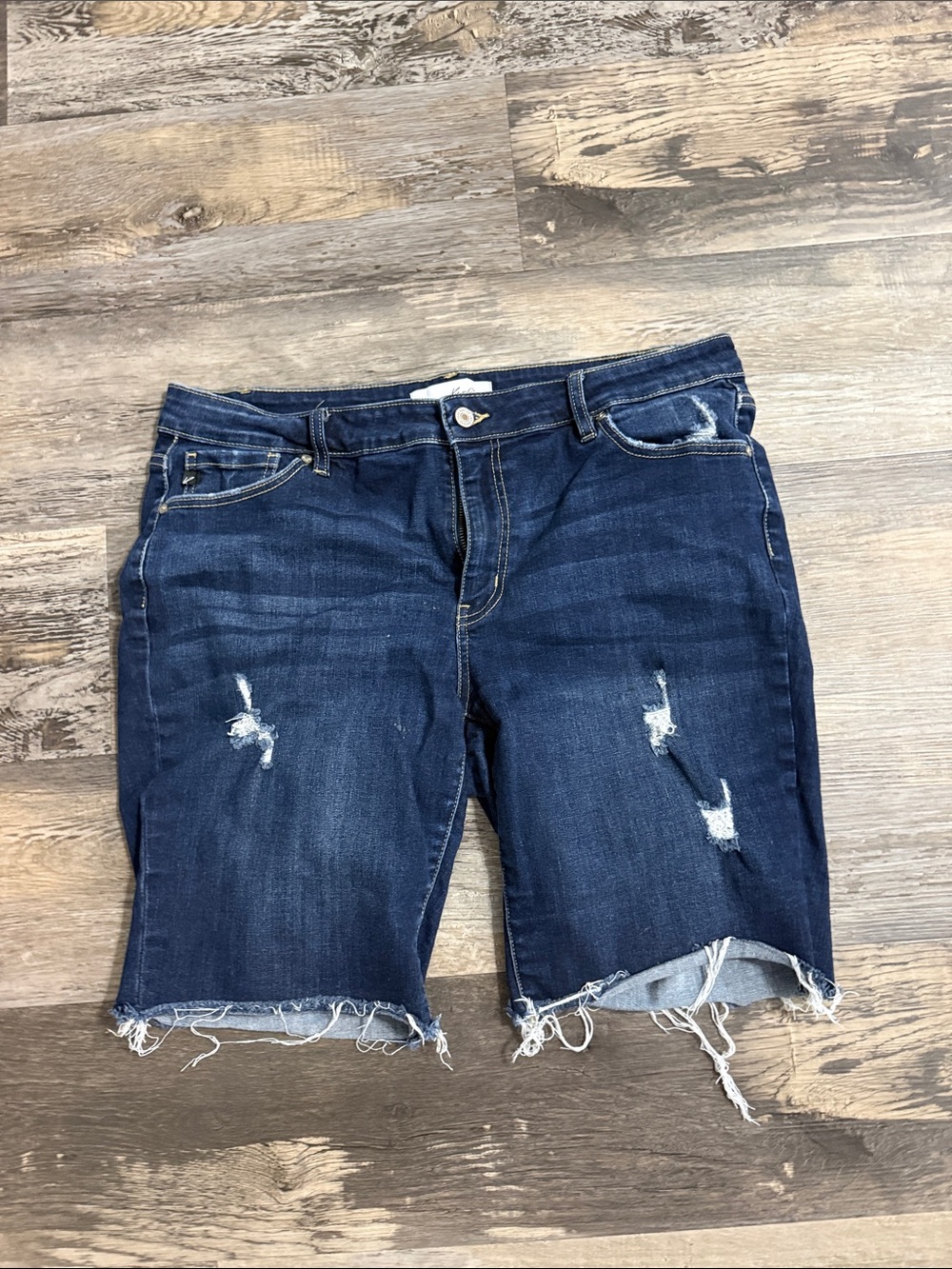 KanCan Dark Wash Distressed Women's Denim Bermuda Shorts